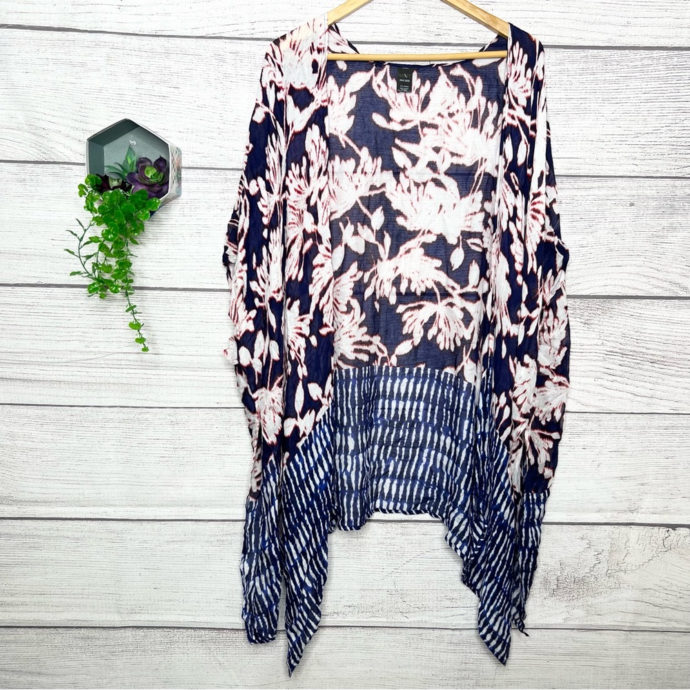 MixIt Navy Blue Red & White Abstract Floral Lightweight Kimono Cardigan One Size